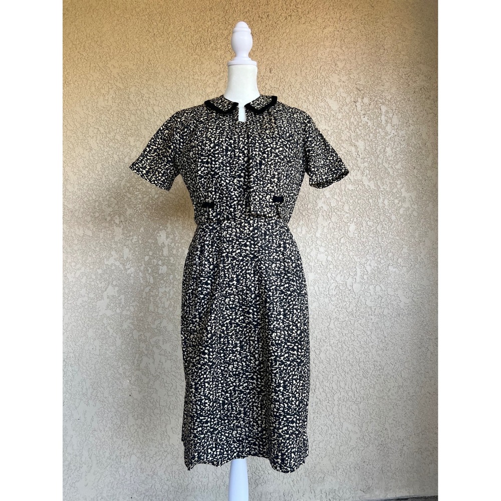 1950s Black White Marbled Dress and Jacket Set Velvet Bows Mid Century S